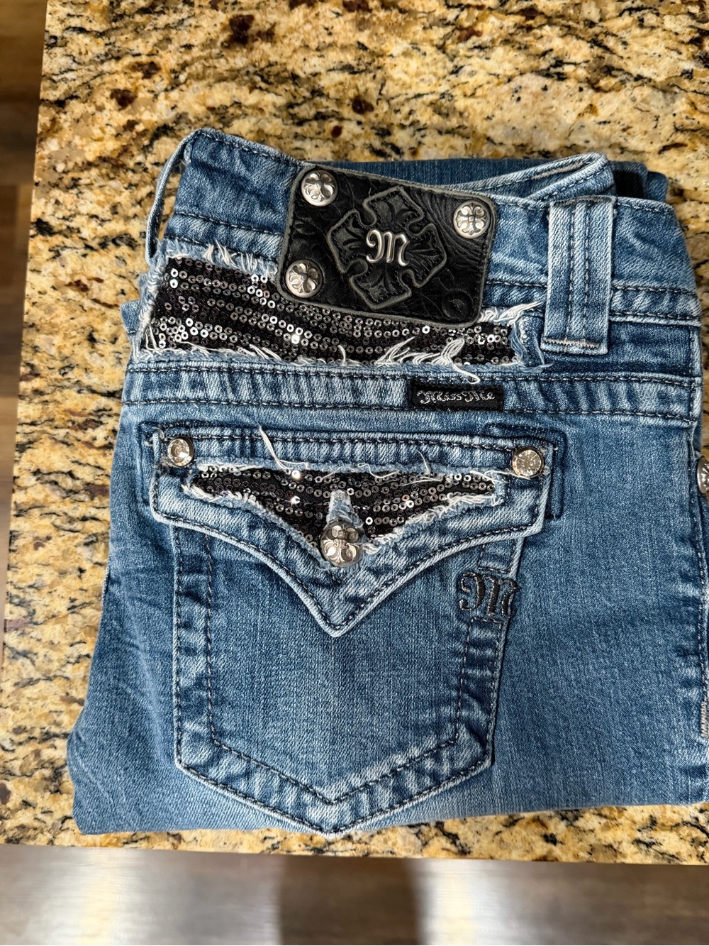 Miss Me Denim Boot Cut Jeans with Black Sequin Trim